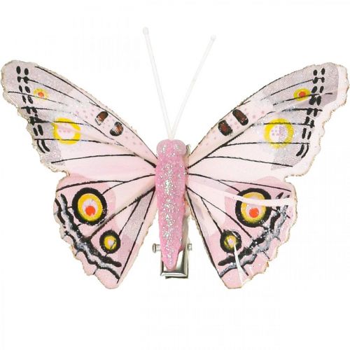Artikel Deco fjärilar med klämma, fjäderfjärilar rosa 4,5-8cm 10p