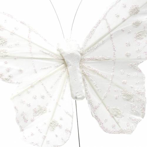 Floristik24 Fjärilsfjäril på tråd vit med glitter 10cm 12st