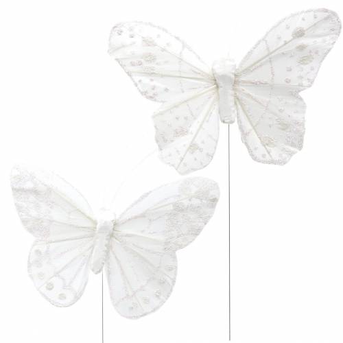 Floristik24 Fjärilsfjäril på tråd vit med glitter 10cm 12st