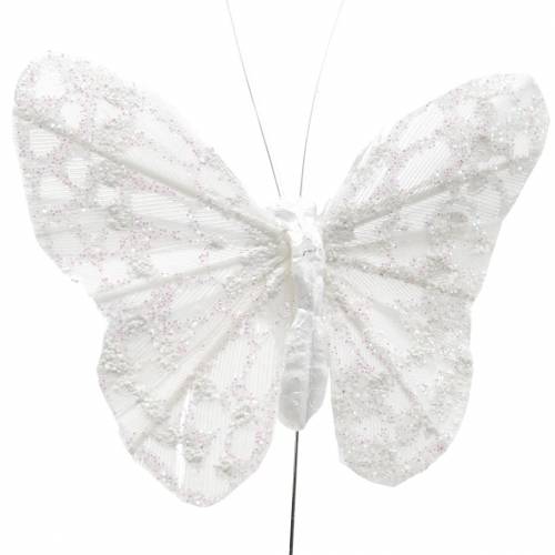 Floristik24 Fjäderfjäril med tråd vit, glitter 5cm 24 st