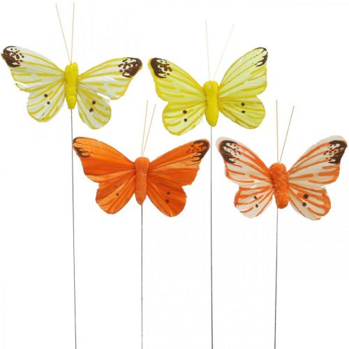 Floristik24 Dekorativa fjärilar, blompluggar, vårfjärilar på tråd gul, orange 4×6,5cm 12st