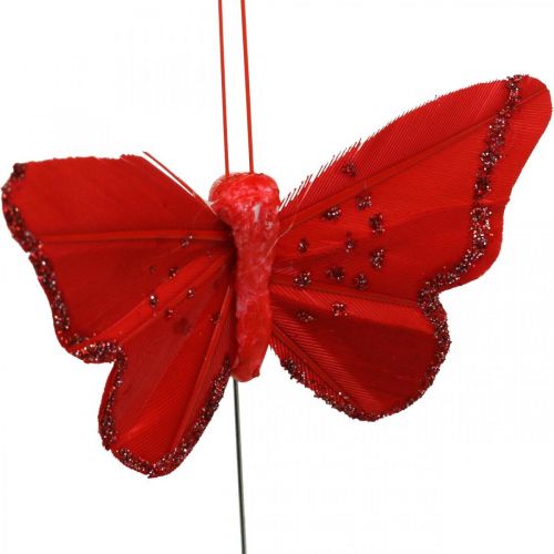 Artikel Vår, fjäderfjärilar med glimmer, deco fjäril röd, orange, rosa, violett 4×6,5cm 24st