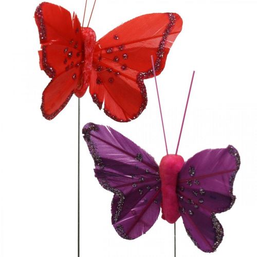 Floristik24 Vår, fjäderfjärilar med glimmer, dekorativ fjäril röd, orange, rosa, violett 4×6,5cm 24 st