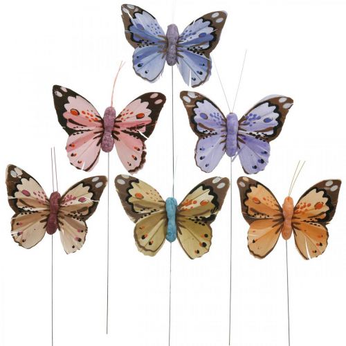 Floristik24 Fjäderfjärilar, dekorativa fjärilar på pinne, blomproppar rosa, orange, violett, brun, blå, beige 6×8cm 12st
