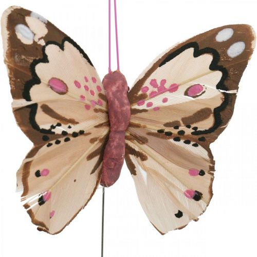 Floristik24 Fjäderfjärilar, dekorativa fjärilar på pinne, blomproppar rosa, orange, violett, brun, blå, beige 6×8cm 12st