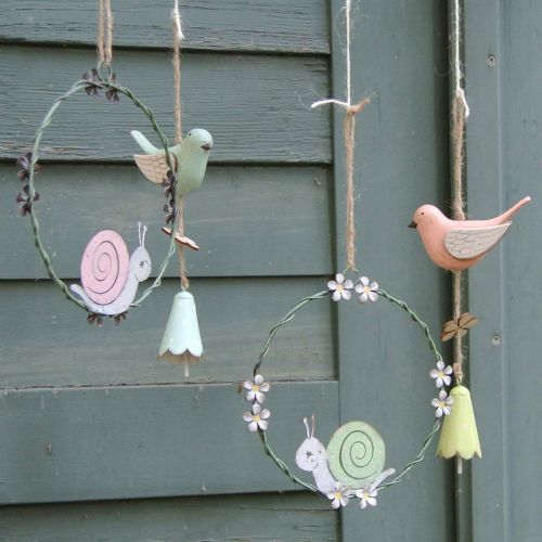 Floristik24 Dekorativ ring med snigel, vårdekor, metalldekor grön/rosa Ø14,5cm set om 2