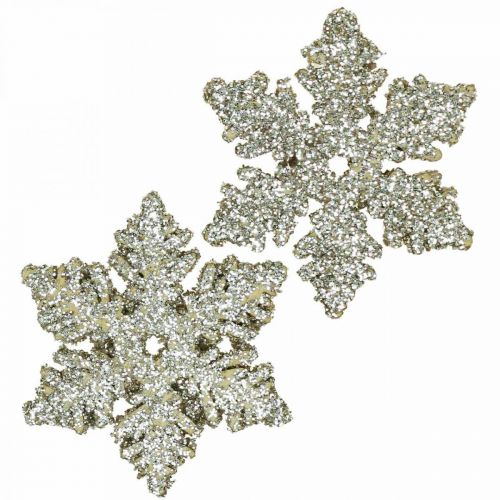Snöflingeträ 4cm ljusguld med glimmer 72 st