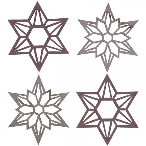 Deco stjärnor lila trästjärnor snöflingor självhäftande 4cm mix 36st