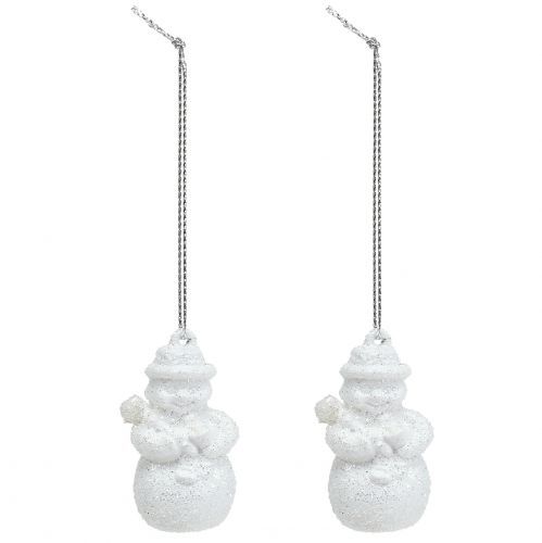 Snögubbe vit med glimmer som galge 4,5 cm 12st