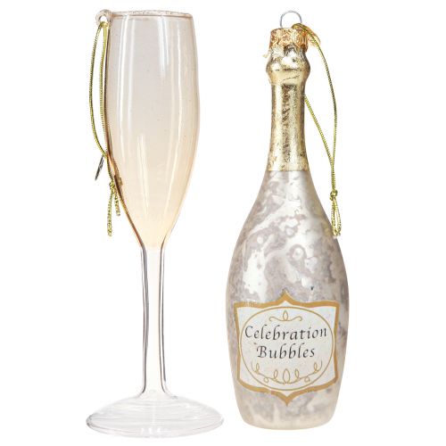 Artikel Champagneflaska och glas, träddekorationer, jubileum, glasdekorationer att hänga, nyårsafton H14,5 cm äkta glasset om 2