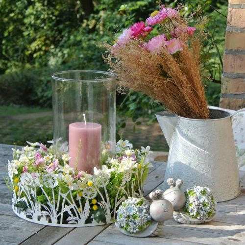 Artikel Dekorativ bricka med maskrosor, metalldekoration för vårvit, silver shabby chic Ø25cm H10,5cm