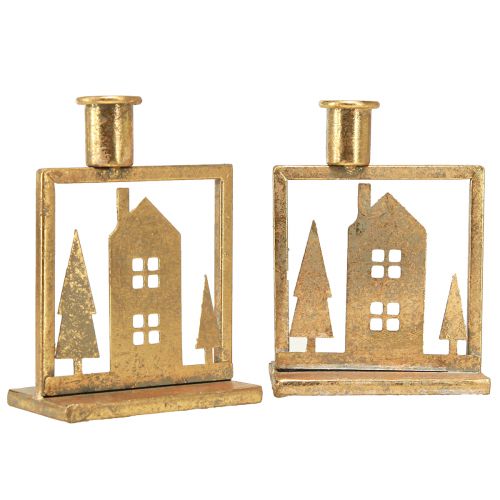 Artikel Stickljusstake Julhus antik guldlook 10×6×14cm 2st