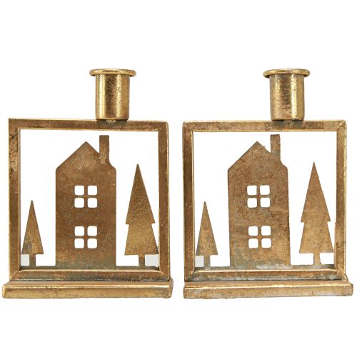 Artikel Stickljusstake Julhus antik guldlook 10×6×14cm 2st