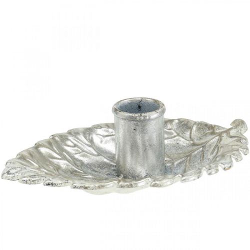 Floristik24 Ljusstake tallrik blad silver 16,5x10,5x5cm