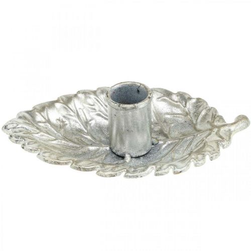 Floristik24 Ljusstake tallrik blad silver 16,5x10,5x5cm