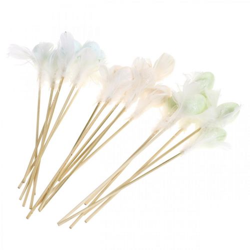 Floristik24 Konstgjorda påskägg på pinne pastell dekorativa ägg med fjädrar H4cm 18 st