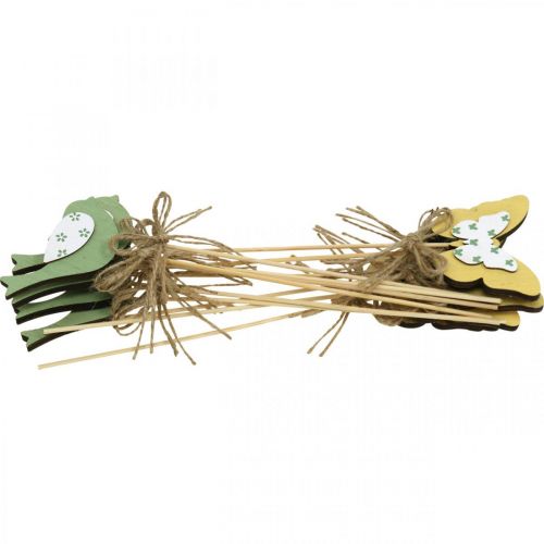Artikel Plugg fågelfjäril, trädekoration, plantplugg fjäderdekoration grön, gul L24/25cm 12st
