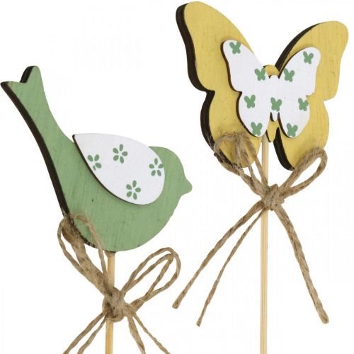 Artikel Plugg fågelfjäril, trädekoration, plantplugg fjäderdekoration grön, gul L24/25cm 12st