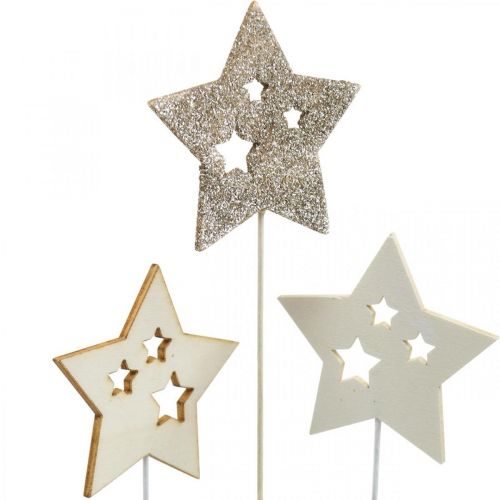 Floristik24 Blomstjärnor, advent, blomsterdekoration, trästjärnor natur, vit, guldglitter L27/28,5cm 18 st.