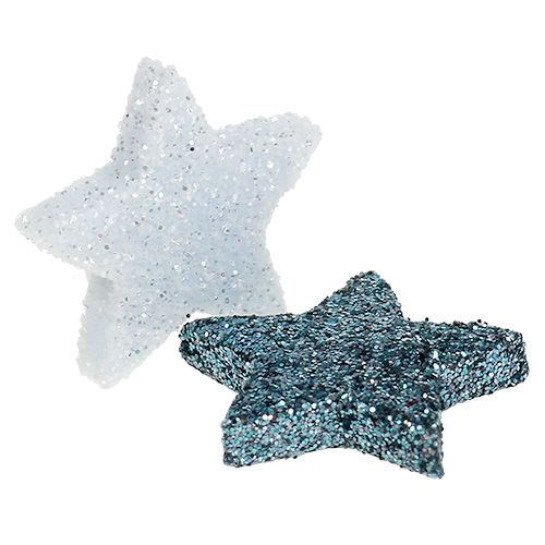 Artikel Stjärnor mini 1,5cm vit, blå med glimmer 144st