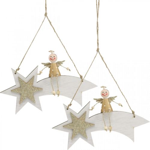 Ängel på stjärna, juldekoration att hänga, adventsvit, gyllene H13cm B21,5cm 2st