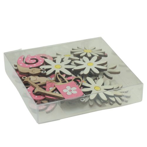 Artikel Strö dekoration träblommor sniglar vattenkanna rosa 4cm 36 st
