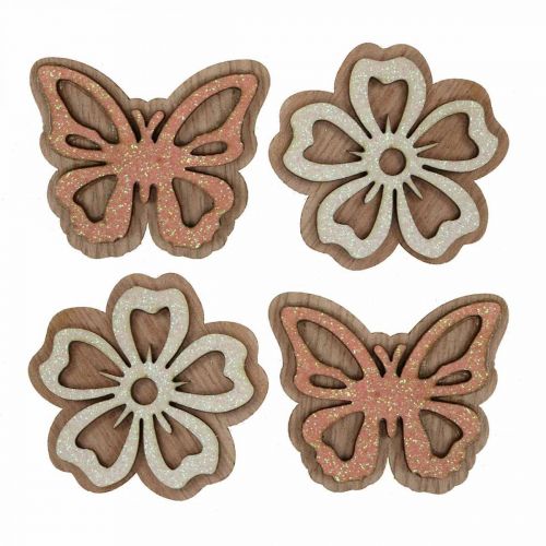 Strö dekoration träblommor/fjärilar vit/rosa Ø4cm 36p