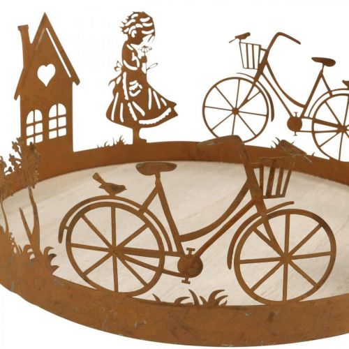 Artikel Dekorativ bricka flicka med blomma, metalldekoration med cykelhus maskros patina Ø24cm H11cm