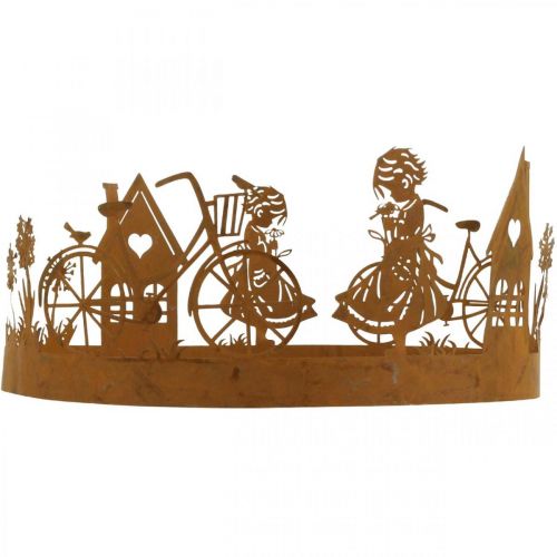 Artikel Dekorativ bricka flicka med blomma, metalldekoration med cykelhus maskros patina Ø24cm H11cm