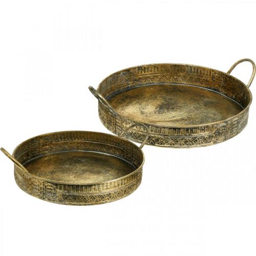 Dekorativ skål med handtag, mönstrad växtbricka, gyllene metallkärl, antik look B45,5/42cm Ø39,5/34cm set om 2