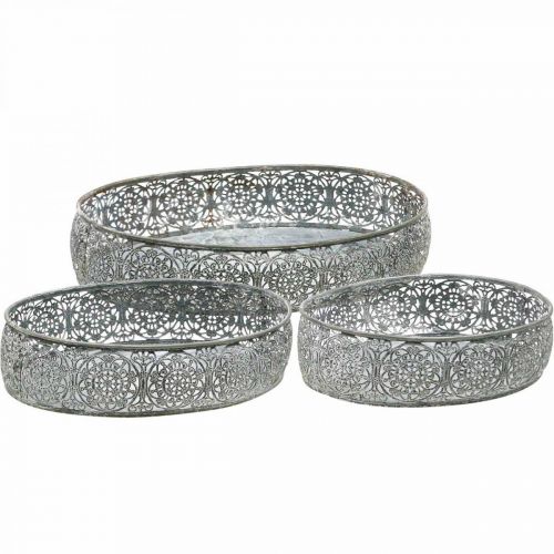 Dekorativ skål metall ovalt mönster grå 25,5/29/34,5 cm set om 3