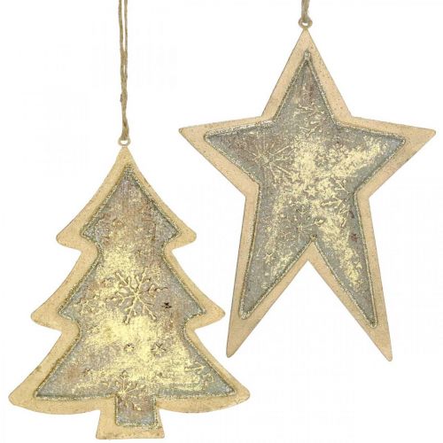 Floristik24 Metallhängen gran och stjärna, julgransdekorationer, juldekoration gyllene, antikt utseende H15,5 / 17cm 4st