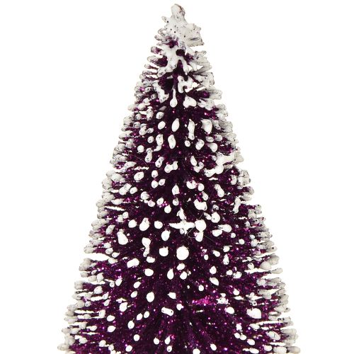 Artikel Dekorativ julgran i lila med snötopp på en rustik träfot 15 cm 3 stycken.