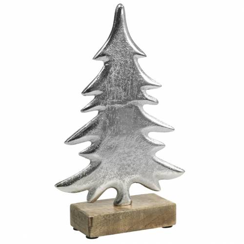 Dekorativ gran på träbas silver, naturmetall 24cm × 16cm | Floristik24.se