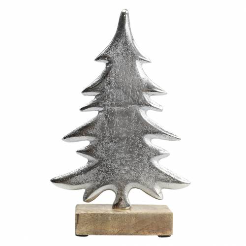 Dekorativ gran på träbas silver, naturmetall 24cm × 16cm | Floristik24.se