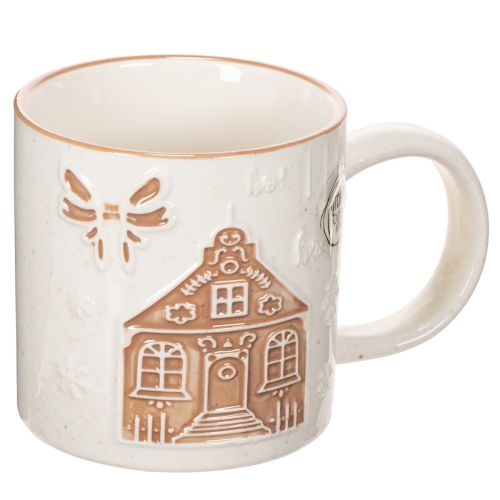 Keramisk mugg med husmotiv och reliefmönster, 9 cm