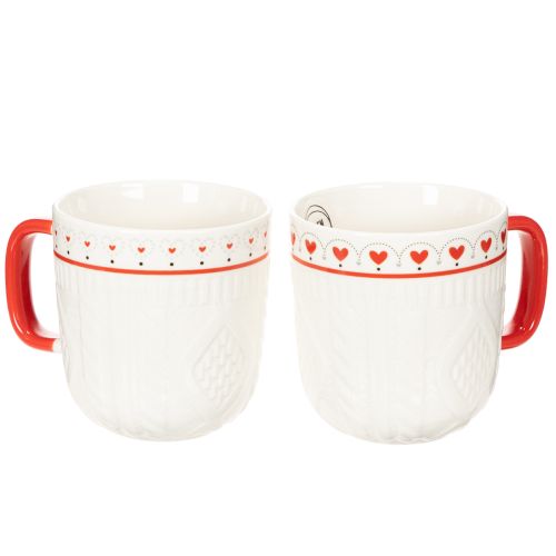 Kaffemugg med rött handtag, stickat mönster och hjärtdekoration, keramik, 9 cm, 2 stycken