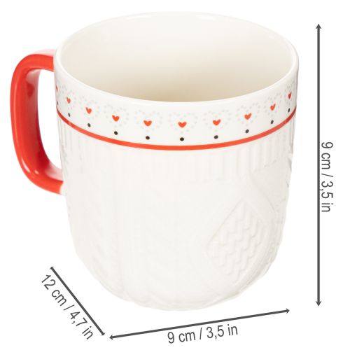 Kaffemugg med rött handtag, stickat mönster och hjärtdekoration, keramik, 9 cm, 2 stycken | Floristik24.se