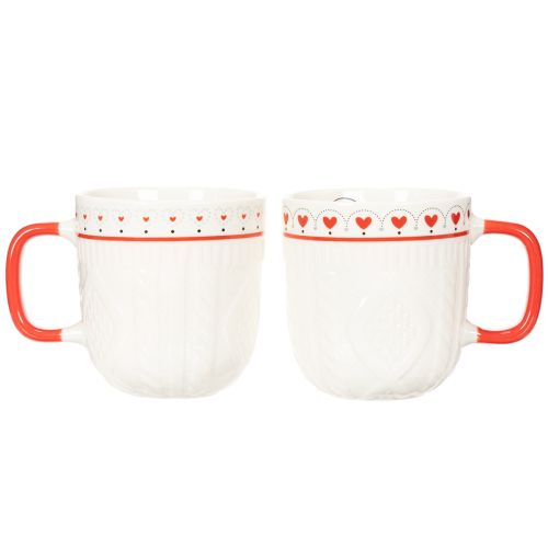 Kaffemugg med rött handtag, stickat mönster och hjärtdekoration, keramik, 9 cm, 2 stycken | Floristik24.se