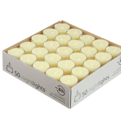 Artikel Nattljus värmeljus krämgul i plastskål 8 timmar 50 st