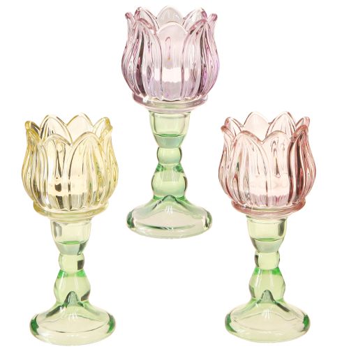 Floristik24 Värmeljusglas blomma värmeljushållare glas 3 färger Ø7cm H16cm 3st