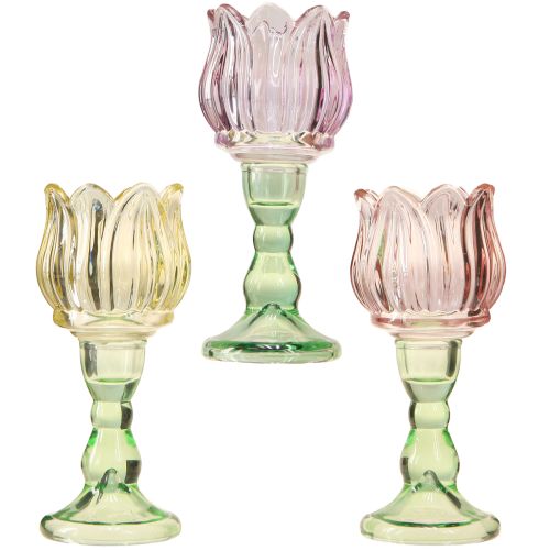 Floristik24 Värmeljusglas blomma värmeljushållare glas 3 färger Ø7cm H16cm 3st