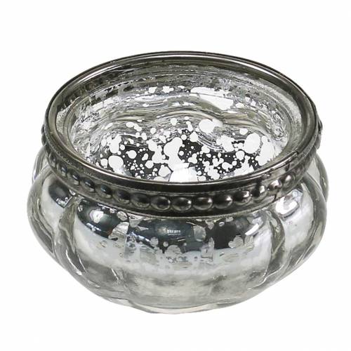 Värmeljus glas antik silver med metallfälg Ø6cm H3,5cm
