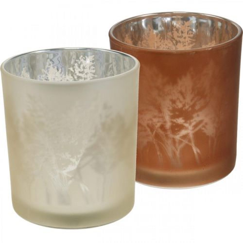 Glaslykta, värmeljusglas med bladmotiv, höstdekor Ø8cm H9cm 2st