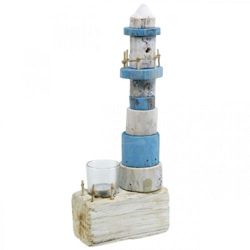 Artikel Träfyr med värmeljusglas maritim dekoration blå, vit H38cm