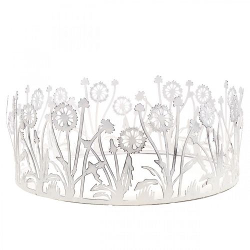 Floristik24 Dekorativ bricka med maskrosor, metalldekoration för vårvit, silver shabby chic Ø25cm H10,5cm