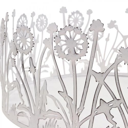 Artikel Dekorativ bricka med maskrosor, metalldekoration för vårvit, silver shabby chic Ø25cm H10,5cm