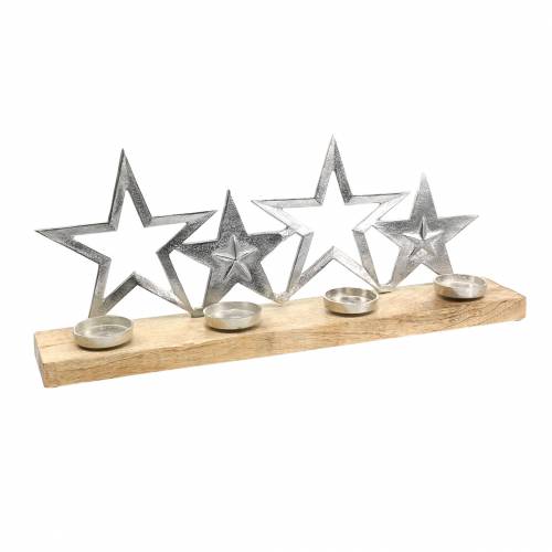 Floristik24 Ljusstake stjärnsilhouett på träfot silver, naturmetall, mangoträ 35cm × 14cm