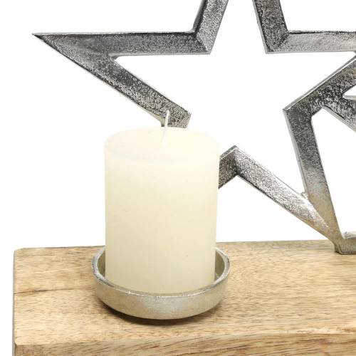 Floristik24 Ljusstake stjärnsilhouett på träfot silver, naturmetall, mangoträ 35cm × 14cm