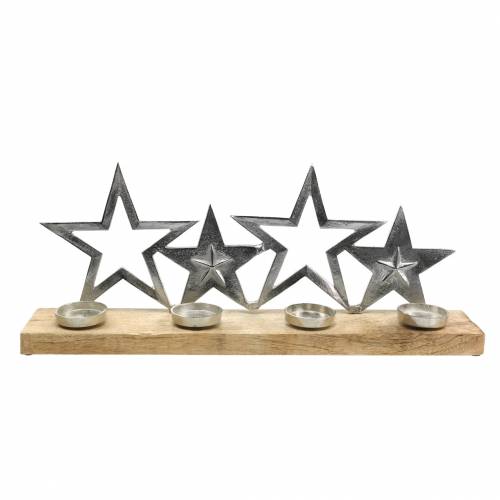 Floristik24 Ljusstake stjärnsilhouett på träfot silver, naturmetall, mangoträ 35cm × 14cm